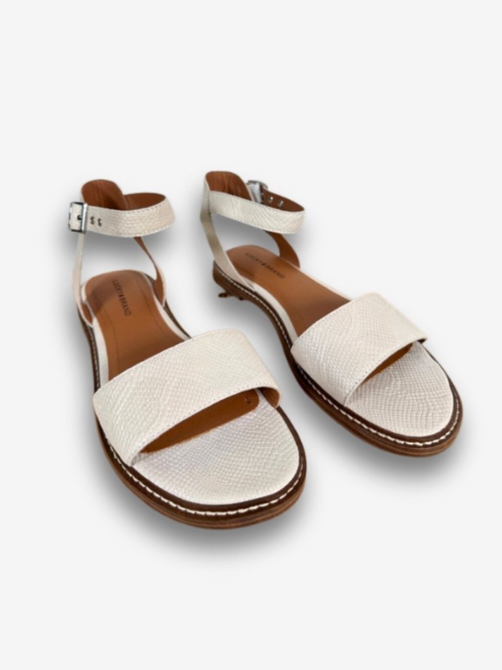 Lucky Brand Kimaya Sandals Beige Textured Leather Ankle Strap Flats Size 8